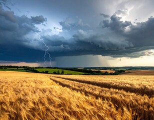 Golden wheat field under dramatic stormy sky