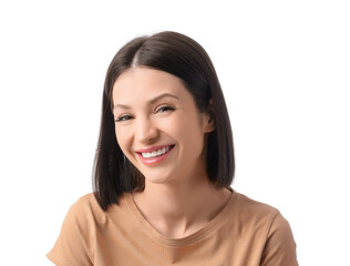 Fototapeta premium Beautiful young woman with short brown hair on white background
