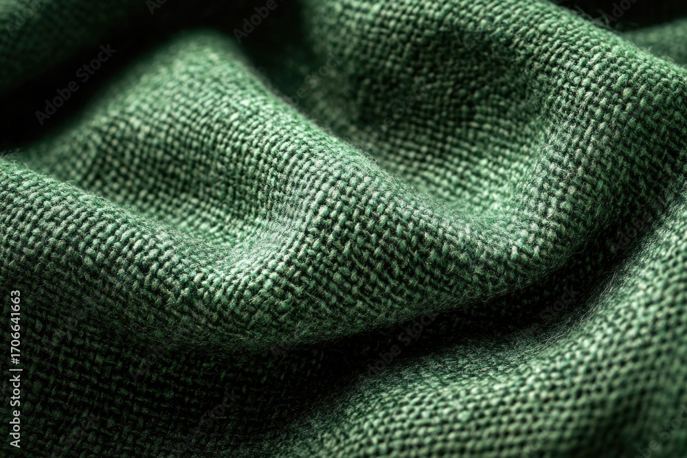 Poster close-up of a textured, dark green fabric with a woven pattern, showcasing its soft drape and intric