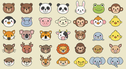 A collection of cute cartoon animal faces drawn in a kawaii style, arranged in a grid pattern