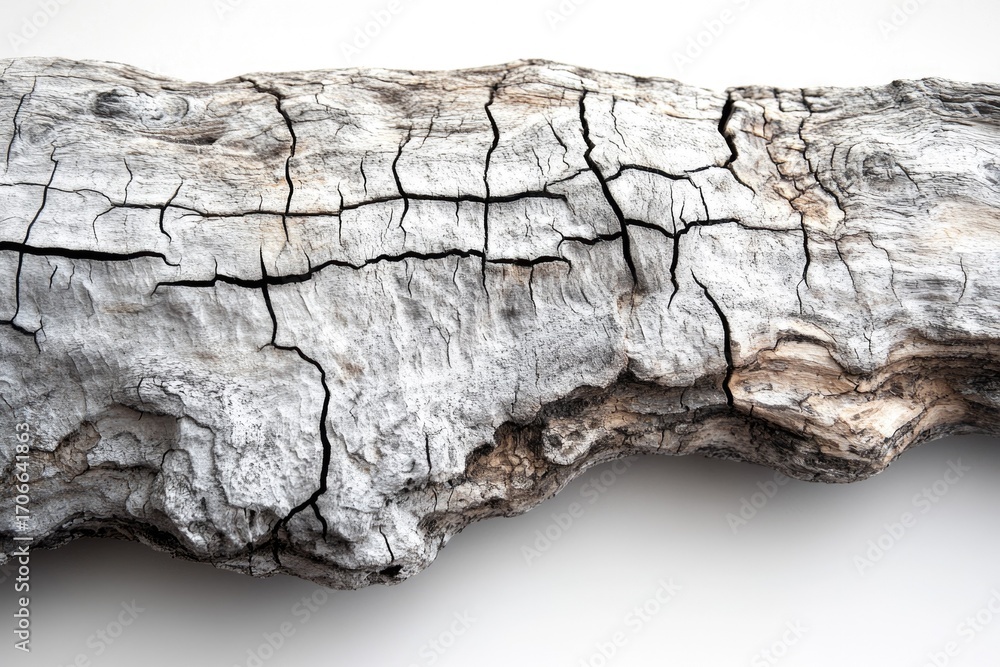 Poster close-up of weathered driftwood showing extensive cracking and texture.