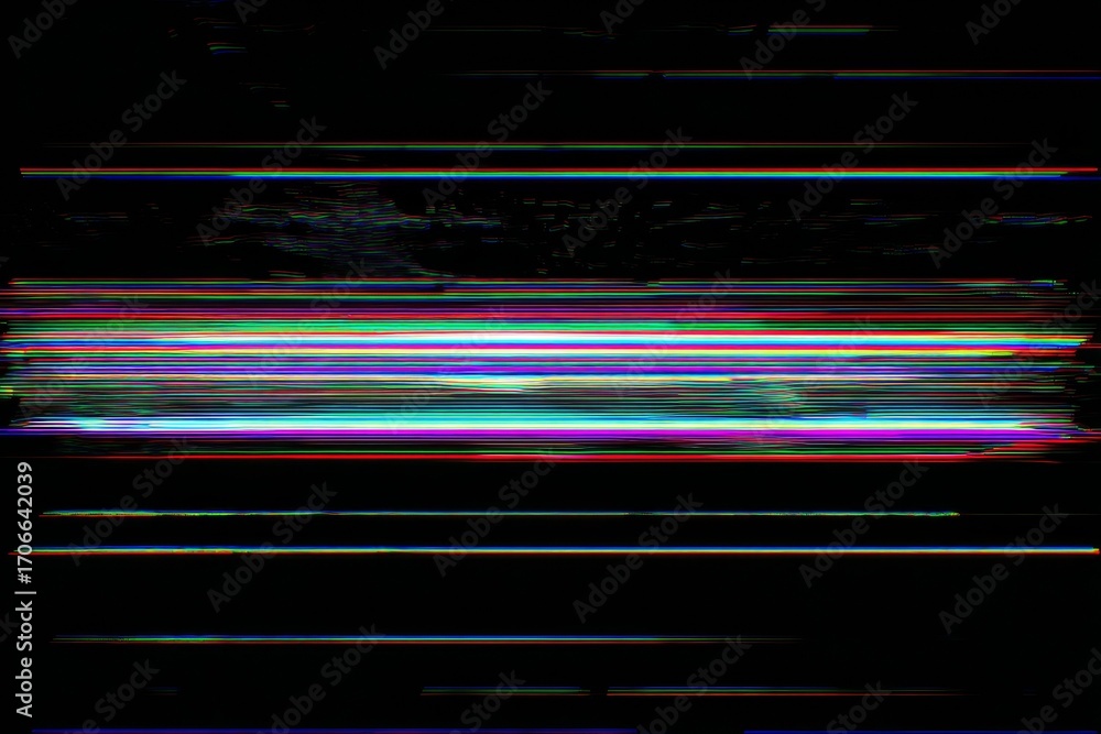Poster abstract digital glitch art with horizontal colorful lines and dark background