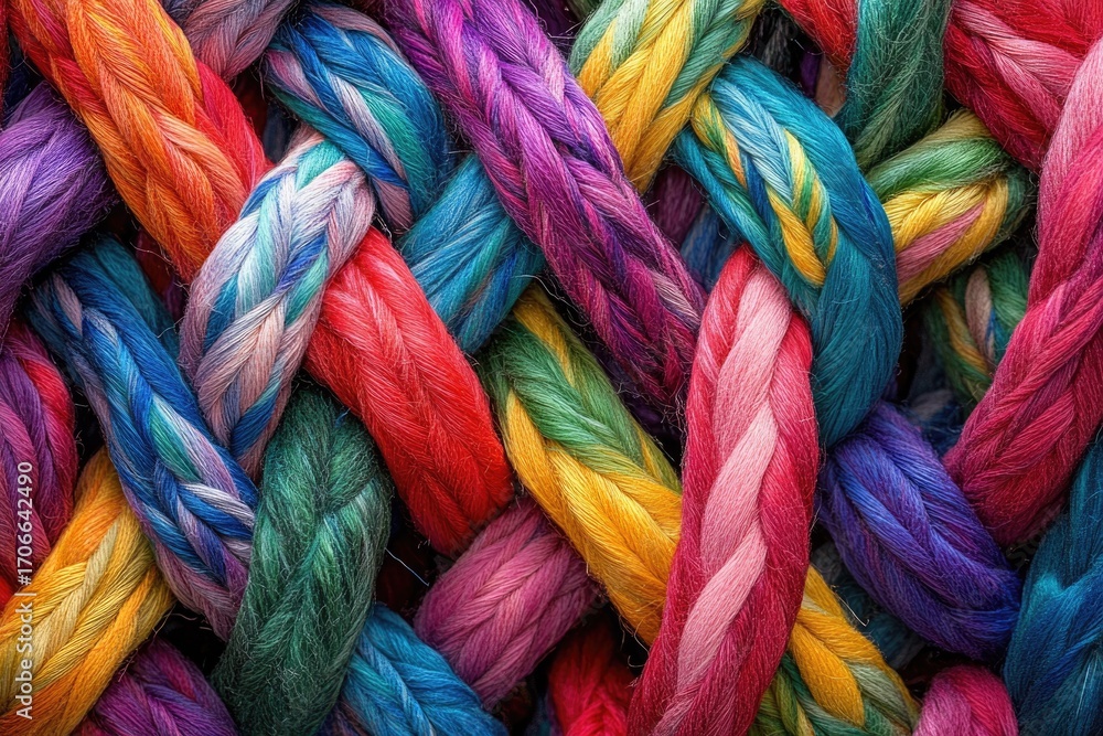Poster intricate woven threads of vibrant, multicolored yarn create a colorful and textured pattern.