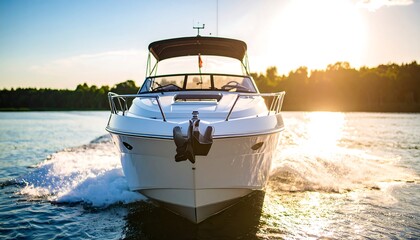 White motorboat on a lake at sunset