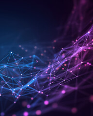 Polygon gradient tech base with translucent wireframe mesh & glowing node lines, blue-purple growth infographic style