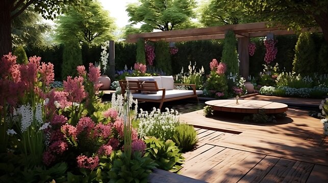 Tranquil outdoor living space with lush garden, wooden deck and pergola creating a serene retreat