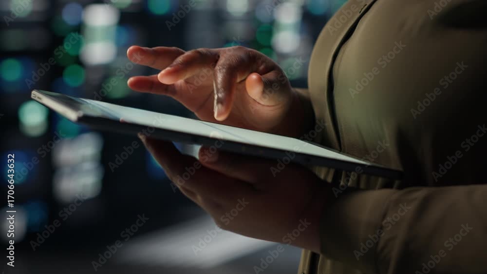 Poster close up of technician working in data center using tablet to optimize network infrastructure. it ex