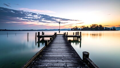 Obraz premium Tranquil lake pier at sunset
