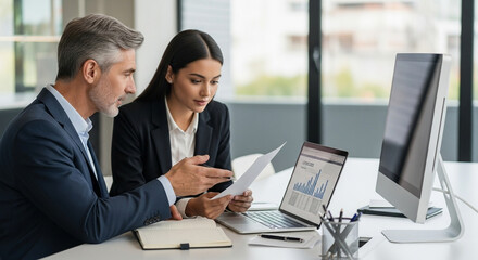 Obraz premium Team of diverse partners mature man and young woman discussing financial document using computer sitting at table in office. Two colleagues of professional business people working together on project