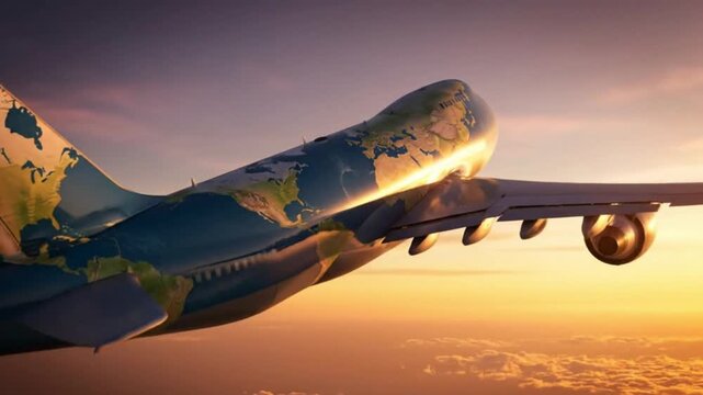 Low-Angle Shot of Cargo Airplane with World Map Overlay Symbolizing Global Trade
