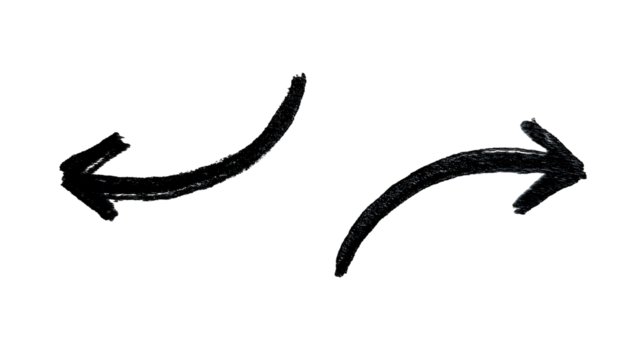 Two hand-drawn, curved arrows pointing in opposite directions against a black background.  The arrows are slightly textured, suggesting a chalk or charcoal medium