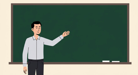 flat vector illustrations An illustration of a teacher gesturing in front of a blank chalkboard