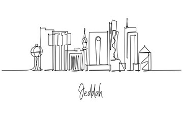 continuous line drawing city skyline of Jeddah theme, seafront urban concept with Corniche landmarks and high rise architecture, minimalist outline showing tower forms and coastal mosque silhouettes.
