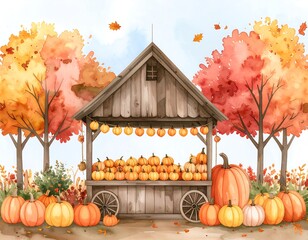 Watercolor autumnal pumpkin stand