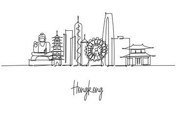 Hong Kong city skyline in continuous line drawing, vector outline of towers and icons. Design concept city skyline with Hong Kong China theme. Clean line art for posters travel prints branding.