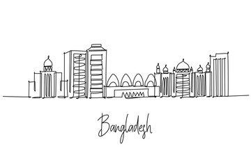 single line drawing city skyline of Bangladesh theme, national concept highlighting Dhaka landmarks mosques and civic towers, minimalist outline of modern blocks and heritage forms along the river.