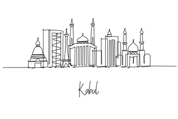 Kabul city skyline in continuous line drawing, vector outline of towers and heritage icons. Design concept city skyline with Afghanistan theme. Clean line art for posters travel prints branding.