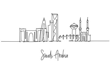 one line drawing city skyline of Saudi Arabia theme, capturing iconic buildings from Riyadh to landmarks, minimal urban outline with Kingdom Centre, Al Faisaliyah, water tower and mosque minarets.