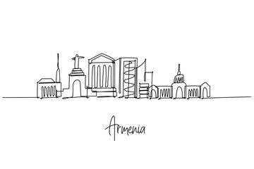 Fototapeta premium single line drawing city skyline of Armenia theme, national heritage concept with Yerevan monuments and modern towers, minimalist outline celebrating Caucasus culture and enduring architecture.