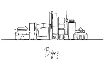 Fototapeta premium Beijing city skyline in single line drawing, vector outline of towers and heritage icons. Design concept city skyline with Beijing China theme. Clean line art for posters travel prints branding.
