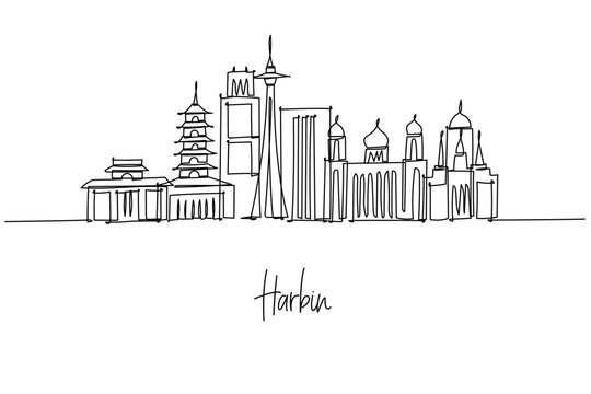 Harbin city skyline in single line drawing, vector outline of towers and heritage icons. Design concept city skyline with Heilongjiang China theme. Clean line art for posters travel prints branding.