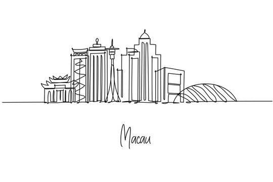 Macau city skyline in one line drawing, vector outline of towers and heritage icons. Design concept city skyline with Macau China theme. Clean line art for posters travel prints branding.