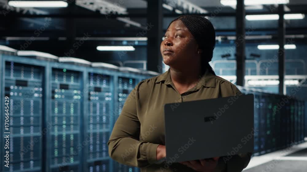 Poster data center system administrator uses laptop to develop disaster recovery plans, minimizing downtime