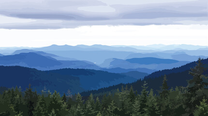 Obraz premium Layered Blue Mountains and Forest Vista Under a Cloudy Sky hills trees.