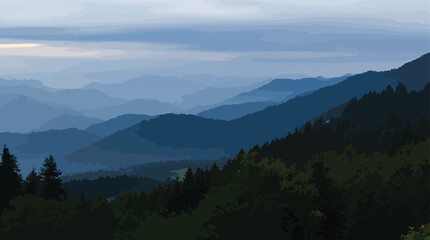 Fototapeta premium Misty blue mountain range with dark green forest in the foreground under a cloudy sky mountains.