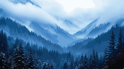 Fototapeta premium Snow Covered Evergreen Forest And Misty Blue Mountain Valley Landscape.