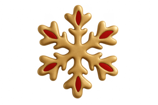 Golden christmas snowflake ornament with red decoration on transparent background