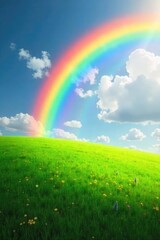 Vibrant rainbow arching across a lush green field, sunlight illuminating its spectrum of colours Perfect for nature, fantasy, and whimsical themes , spring, vibrant hues, nature