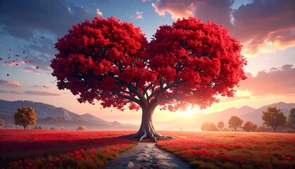 Heart-shaped red tree in a field at sunrise