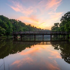 Fototapeta premium Serene sunrise over a tranquil lake with a wooden bridge