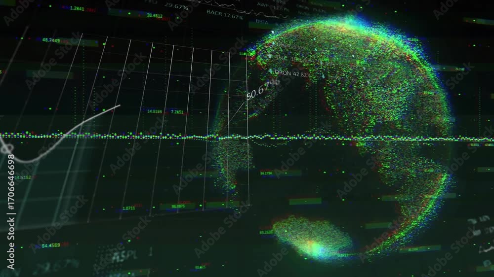 Poster faint points forming baseline as globe coalescing gridlines rising curve drawing visualizing trends