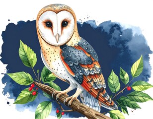 Watercolor barn owl perched on a branch