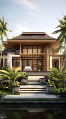 Fototapeta premium Tropical haven: contemporary villa amidst lush foliage offering serene living experience