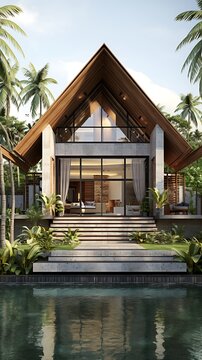 Tropical modern architecture, villa with pool, lush greenery and serene ambiance retreat design