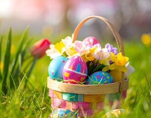 Fototapeta premium A festive wicker basket overflowing with decorated Easter eggs and bright spring blooms like tulips and daffodils on a sunlit lawn