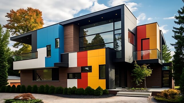 Spectacular contemporary house with colorful panels and a modern architectural design creating a - Powered by Adobe