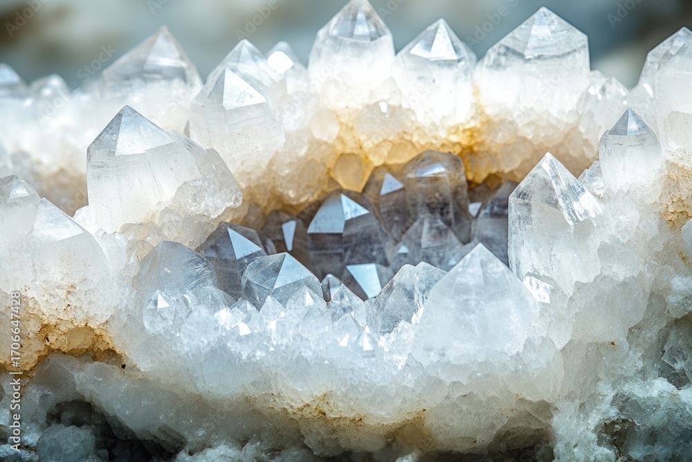 Poster close-up view of a cluster of sparkling quartz crystals with translucent formations showcasing intri