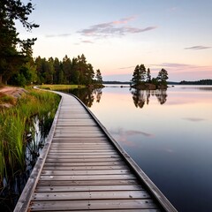Naklejka premium Serene wooden boardwalk by a tranquil lake at sunrise