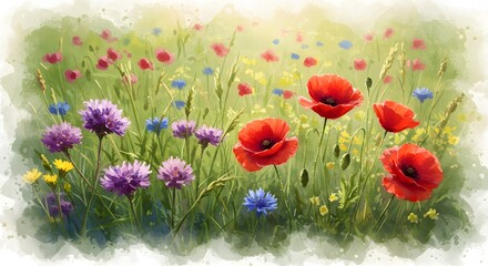 Obraz premium Watercolor painting of vibrant wildflowers including red poppies blue cornflowers and purple cornflowers set in a green meadow