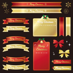 クリスマスの見出しデザイン素材セット。赤と金のリボン。ベクターイラスト。