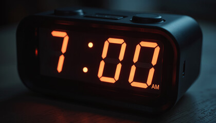 Digital alarm clock displaying 7:00 AM with orange lights  