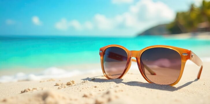 Stylish sunglasses resting on a vibrant summer beach scene, perfect for travel and vacation brochures Enjoy the sun safely and in style , fashion, blue, comfort