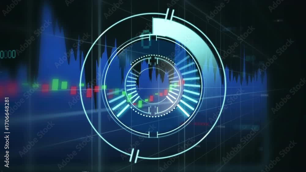 Poster upon waveform appearing rings pulsing and rotating on grid showing data trends with shifting bars