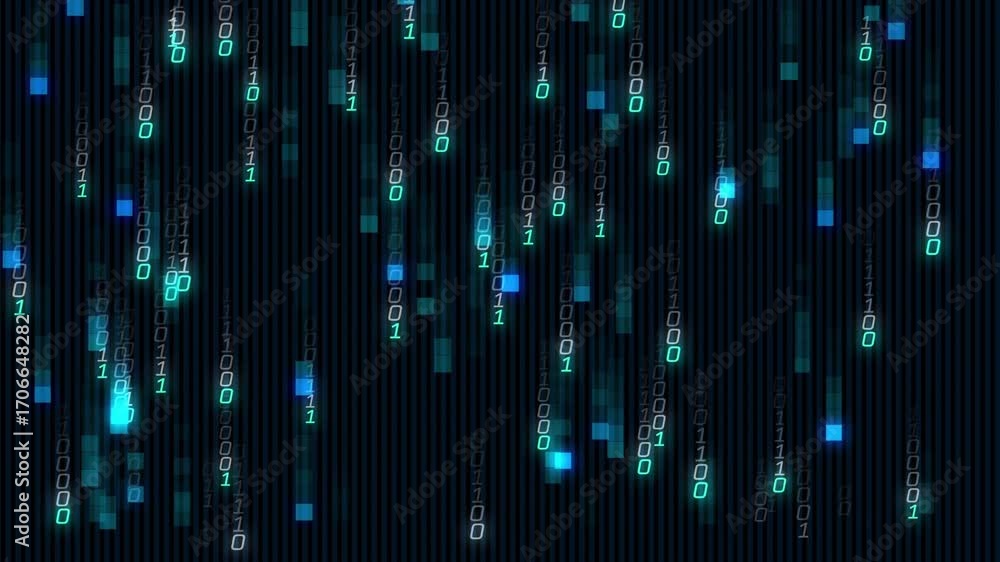 Poster red particles fading starting binary rain in turquoise green falling showing data flow