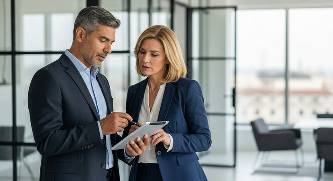 Vertical portrait of mature Latin businessman and European businesswoman discussing project on tablet in office. Two diverse partners colleagues of confident professional businesspeople work together.