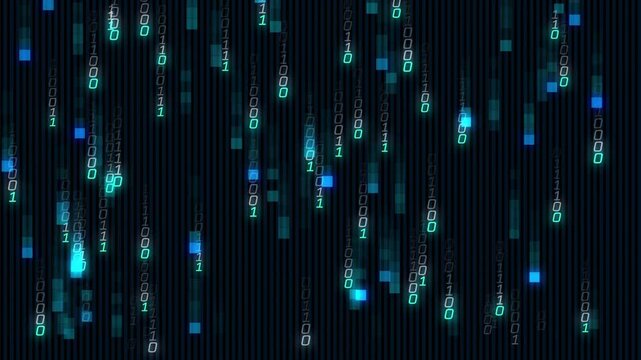 Red particles fading starting binary rain in turquoise green falling showing data flow